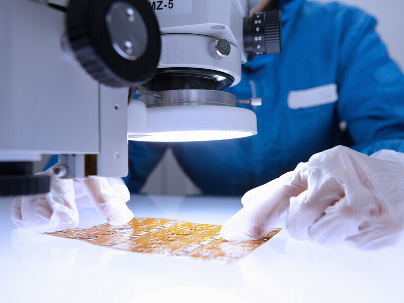 Laboratory inspection of an ultra‑thin polymer film, illustrating development of advanced electronic materials.