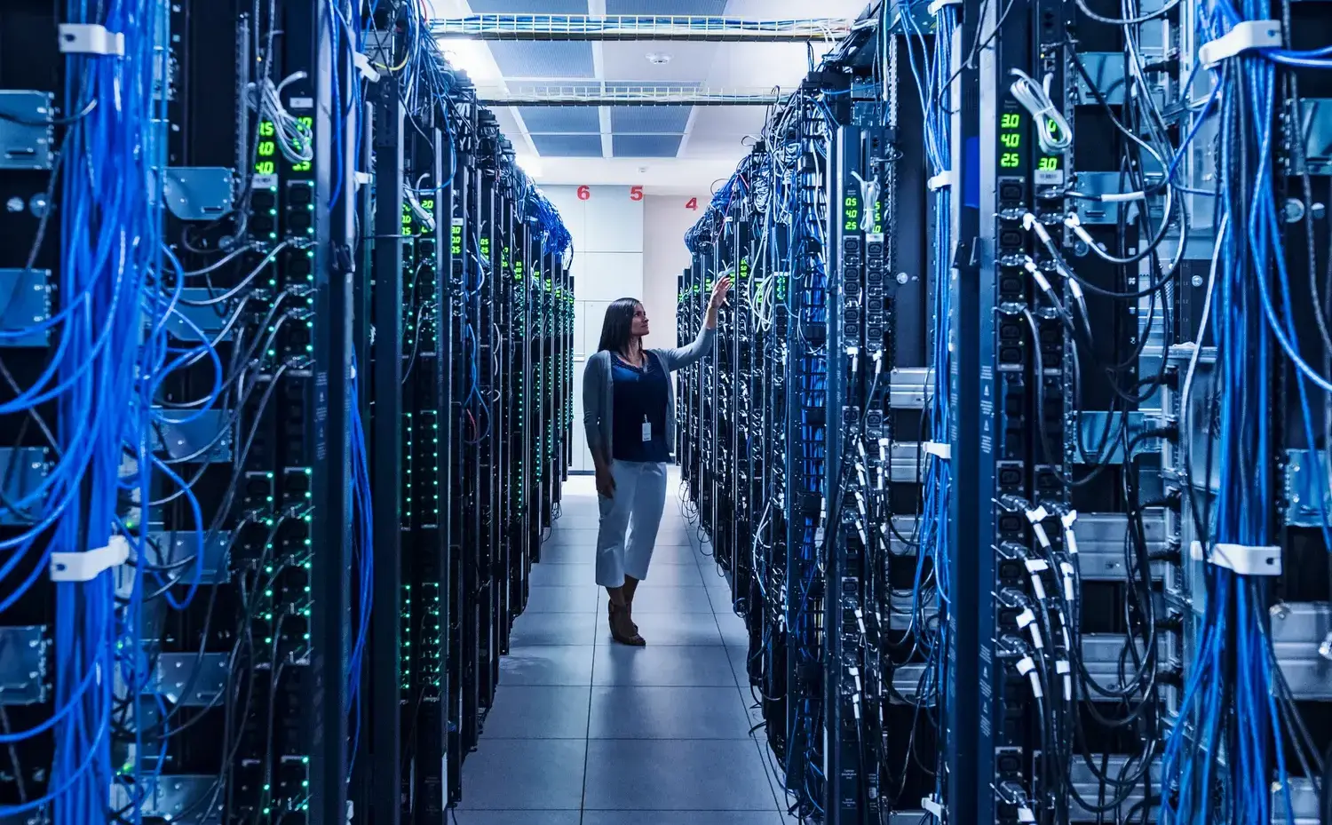 Server racks with dense cabling in a data center, illustrating high‑density installation environments.