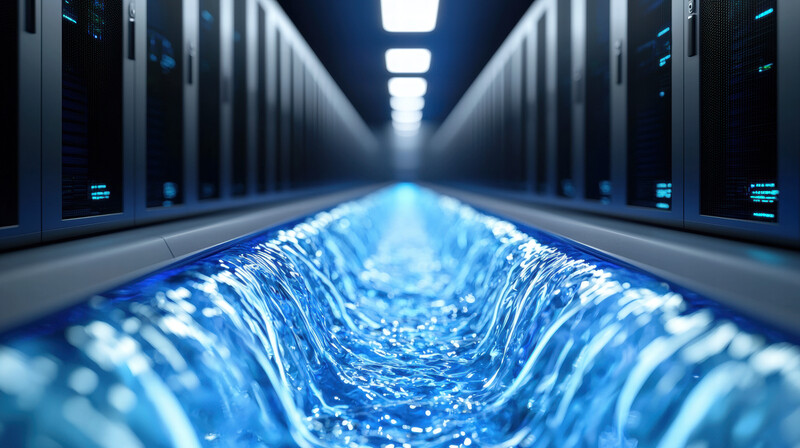 Liquid cooling flow between server racks in a data center, illustrating cooling fluid handling and distribution systems.