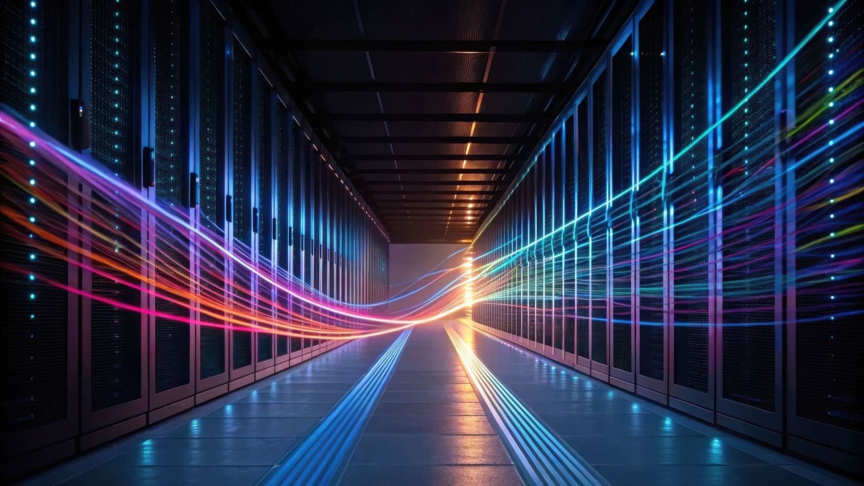 Conceptual visualization of heat flow in a data center aisle, illustrating heat management and heat spreading.