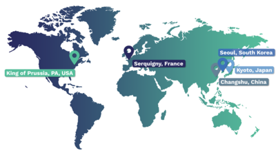 Global map of Arkema sites in the world dedicated to developments. Technical support and plants in all three regions (North America, Europe and Asia).